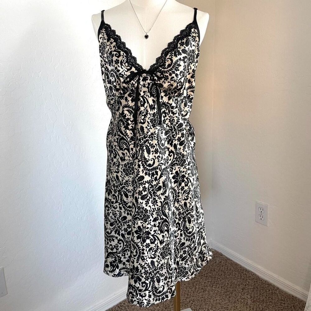 Soft Moments Slip Dress Womens 14/16 Black Cream Good Damask Lace Trim Chemise